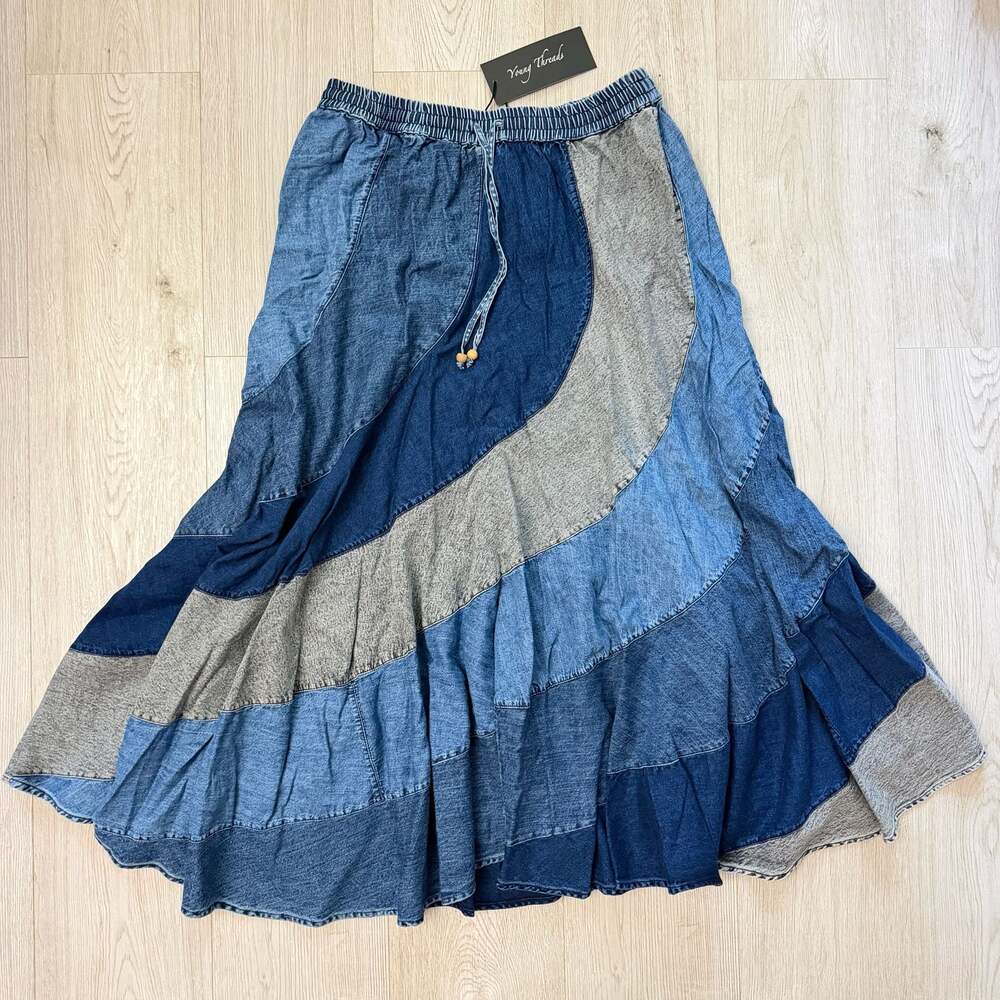 Young Threads Patchwork Tiered Denim Maxi Skirt with Smocked Waist